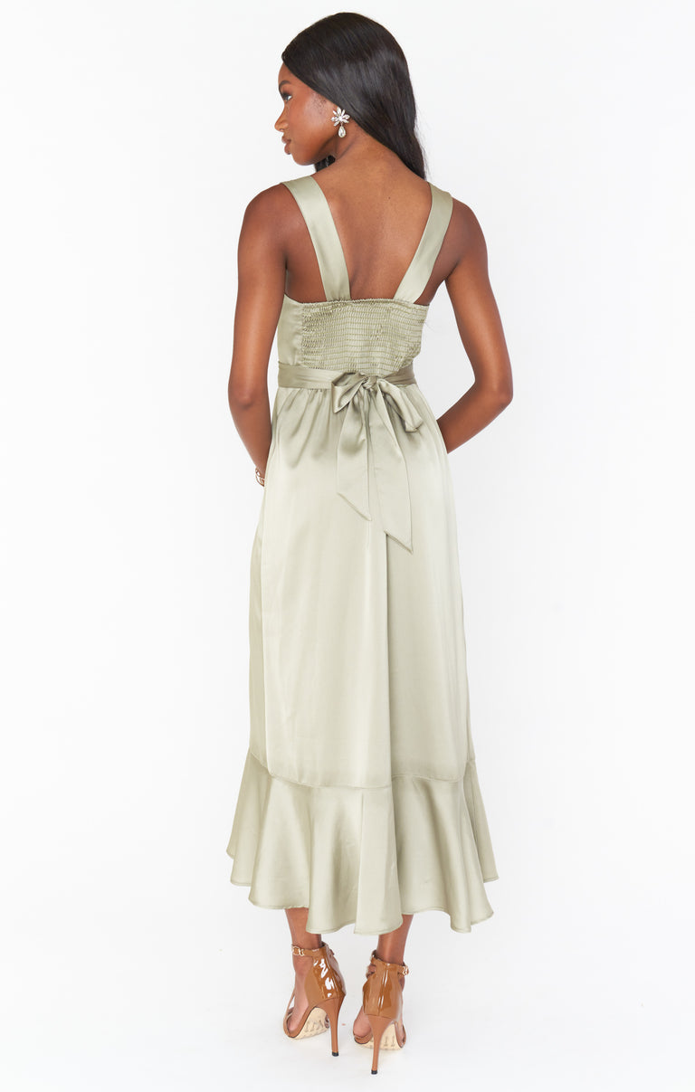 Claire Midi Dress, in Moss Green Luxe Satin, Size: Xs | Show Me Your Mumu