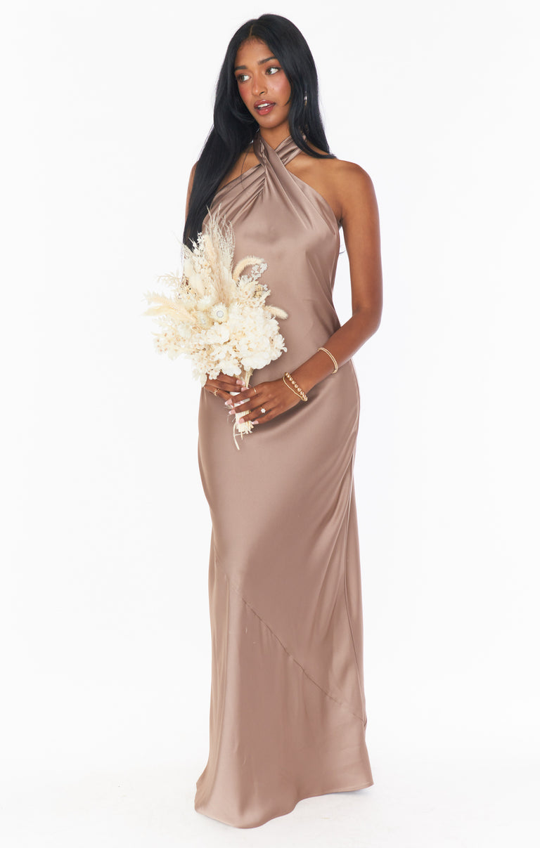 Jasmine Halter Maxi Dress, in Dune Luxe Satin, Size: Medium | Show Me Your Mumu