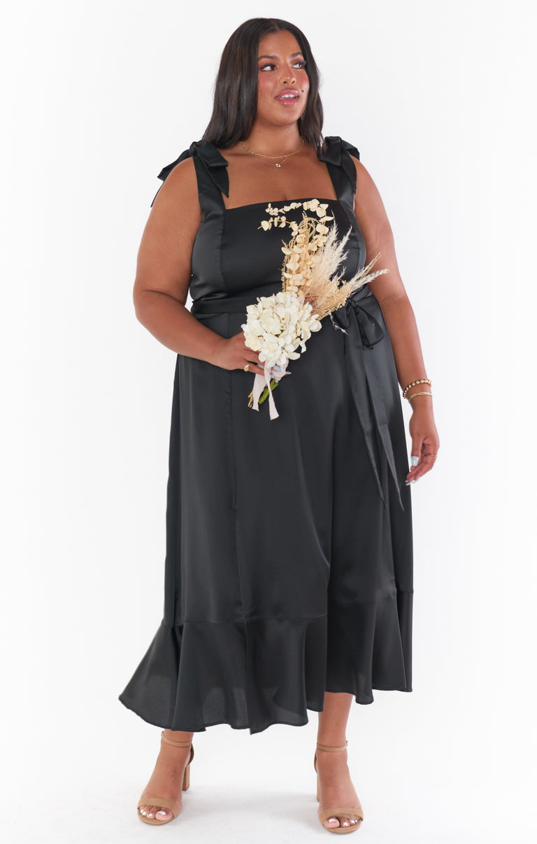 Claire Midi Dress, in Black Luxe Satin | Show Me Your Mumu | Bridesmaid Dresses & Wedding Attendee Dress Claire Midi Dress, in Black Luxe Satin | Show Me Your Mumu | Bridesmaid Dresses & Wedding Attendee Dress