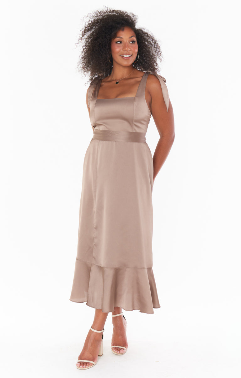 white christmas dresses Island Time One-Shoulder Midi Dress Satin Champagne main image 1