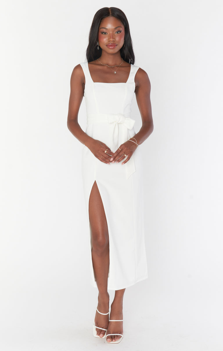 shape ivory slinky panelled midi dress Eden Midi Dress ~ White Stretch L