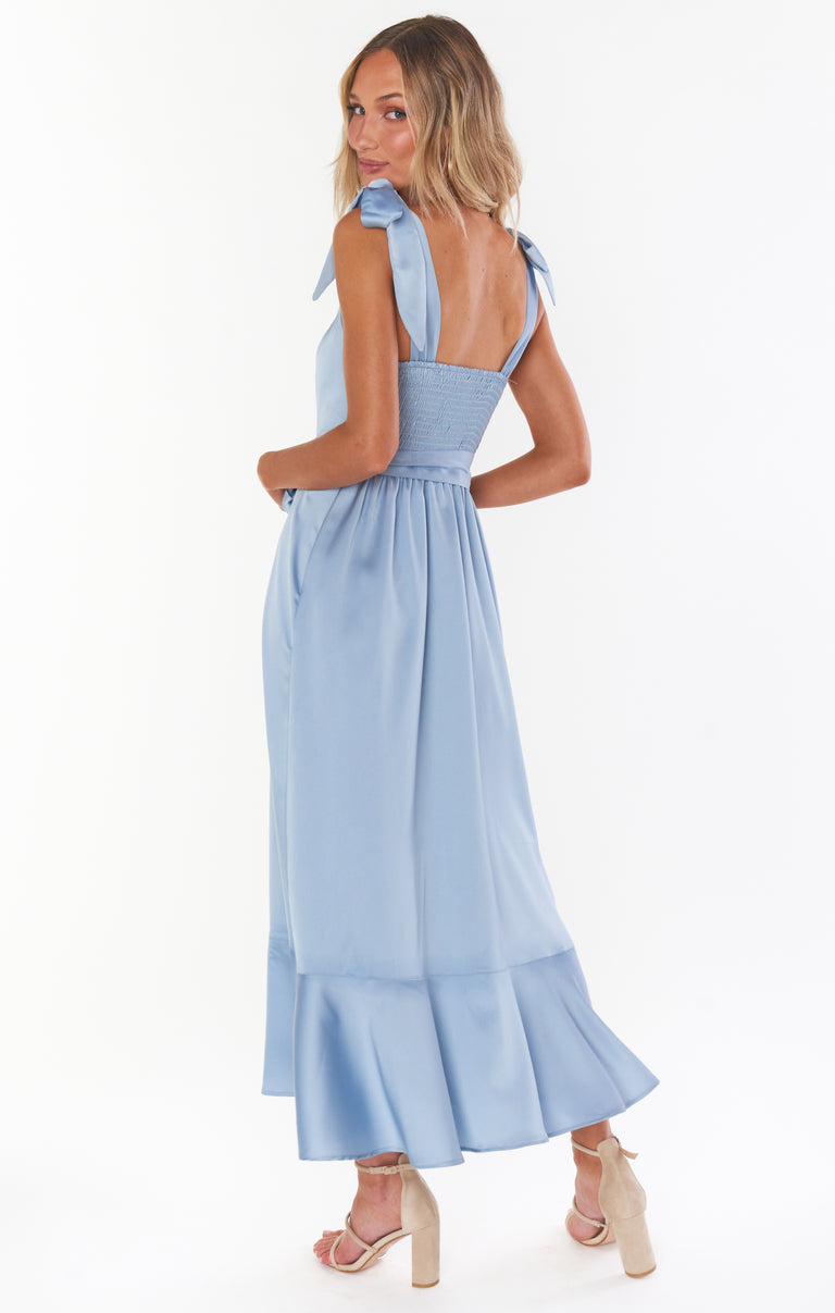 knee length dresses for ladies Claire Midi Dress ~ Steel Blue Luxe Satin – Show Me Your Mumu