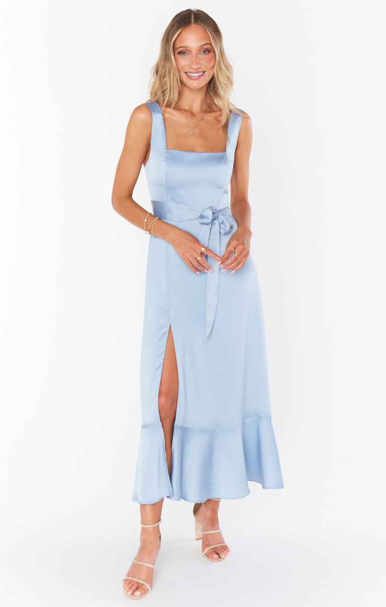 Claire Midi Dress ~ Steel Blue Luxe Satin S Claire Midi Dress ~ Steel Blue Luxe Satin S