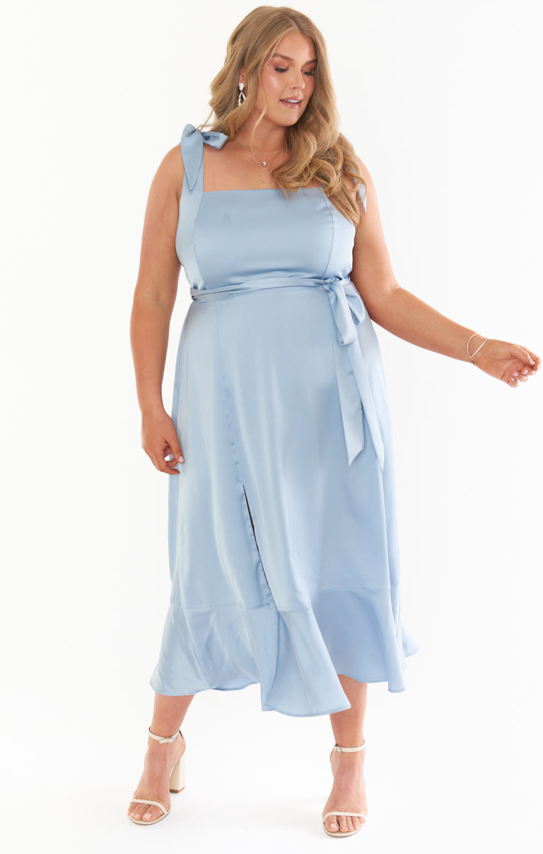 Claire Midi Dress ~ Steel Blue Luxe Satin S Claire Midi Dress ~ Steel Blue Luxe Satin S