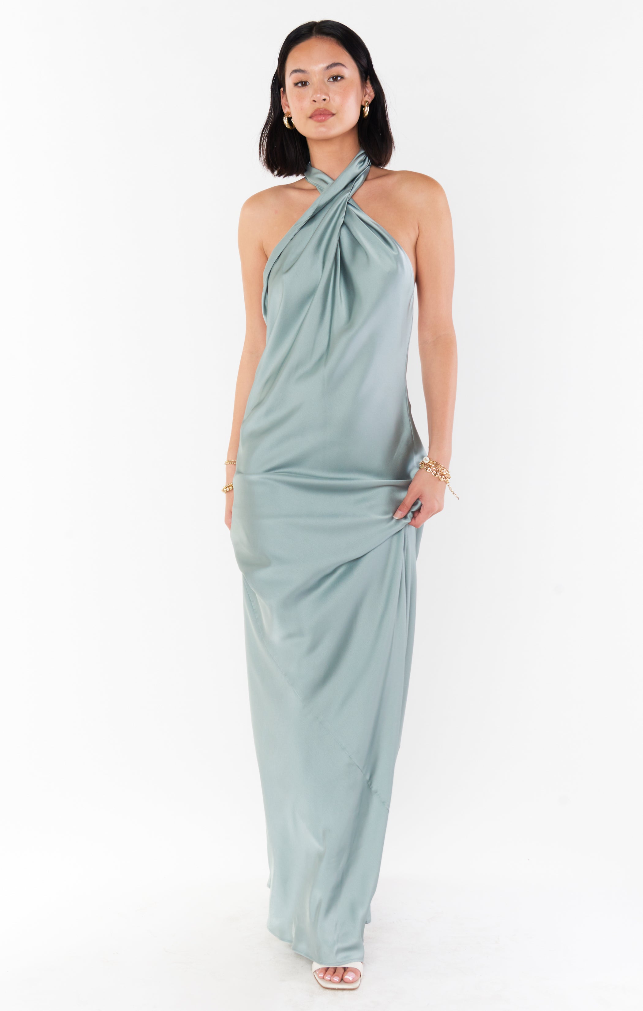 slim fit dress slacks Jasmine Halter Maxi Dress, in Silver Sage Luxe Satin