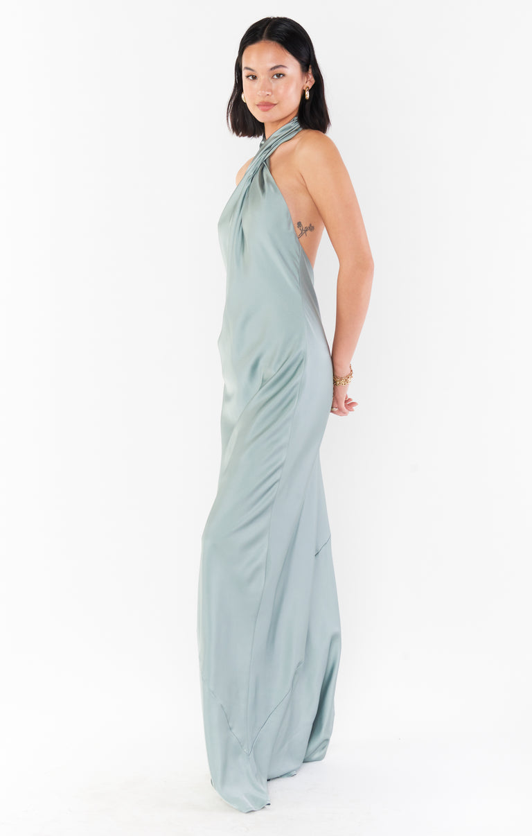 Jasmine Halter Maxi Dress, in Silver Sage Luxe Satin | Show Me Your Mumu Jasmine Halter Maxi Dress, in Silver Sage Luxe Satin | Show Me Your Mumu
