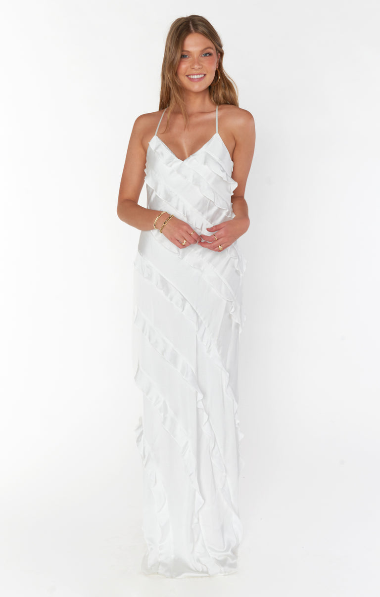 long white dress with ruffles Romance Ruffle Dress, in Ivory Luxe Satin, Size: XS | Show Me Your Mumu