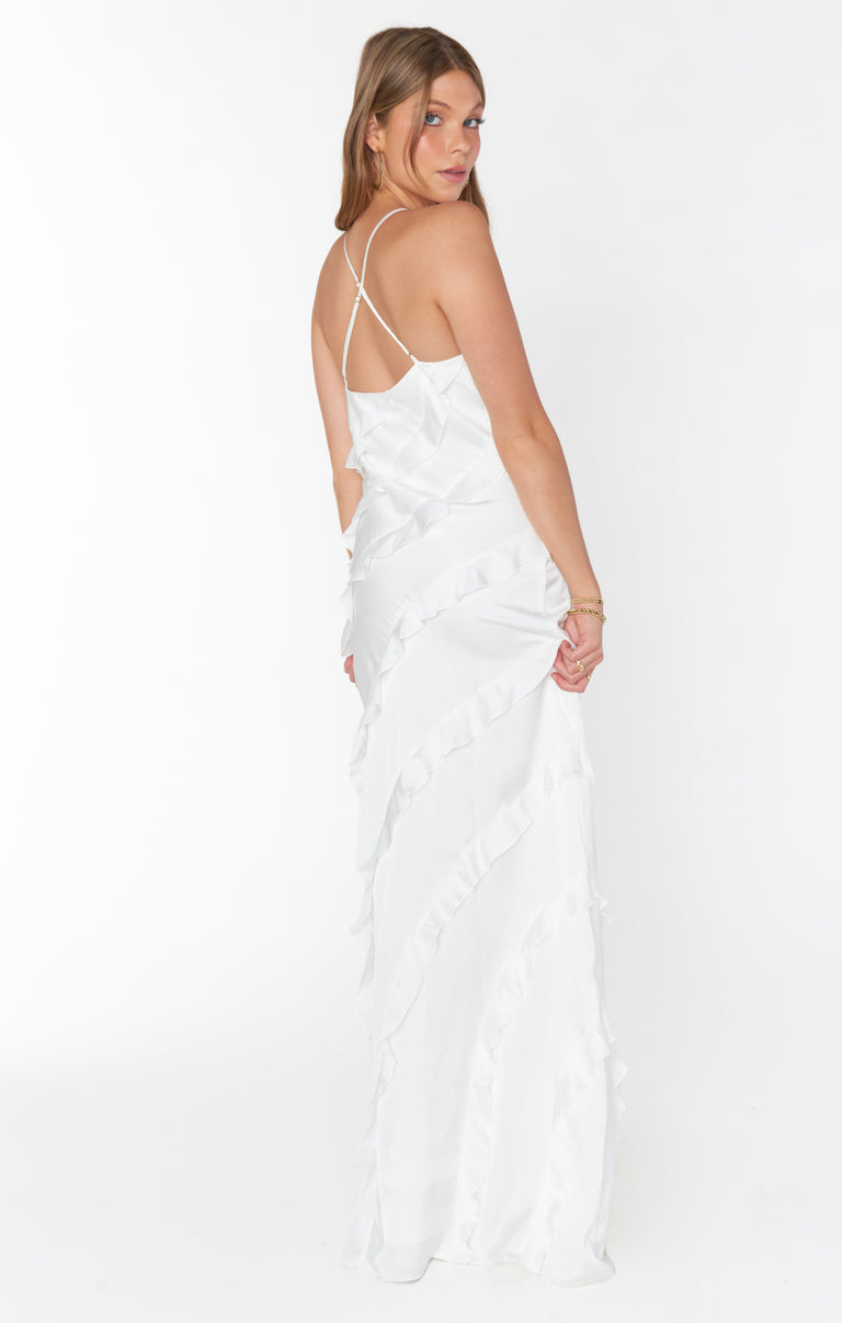 Romance Ruffle Dress, in Ivory Luxe Satin, Size: XS | Show Me Your Mumu | Bridesmaid Dresses Romance Ruffle Dress, in Ivory Luxe Satin, Size: XS | Show Me Your Mumu | Bridesmaid Dresses