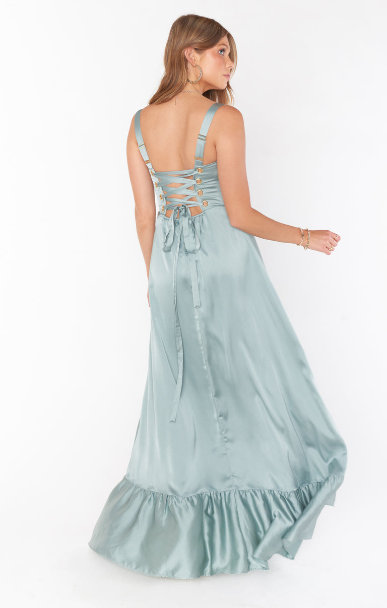 Clarissa Corset Dress, in Silver Sage Luxe Satin, Size: 2XL | Show Me Your Mumu