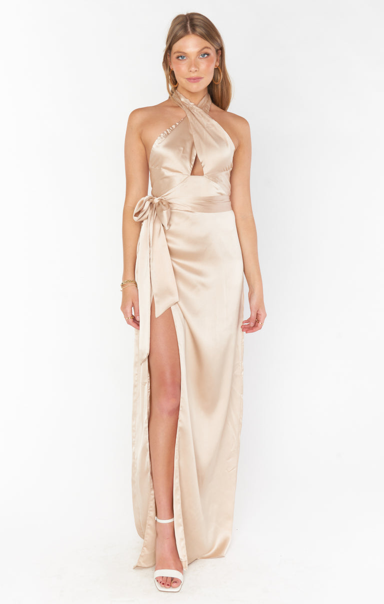 fitted lace wedding dress Adele Halter Maxi Dress ~ Champagne Luxe Satin Show Me Your Mumu fitted lace wedding dress Adele Halter Maxi Dress ~ Champagne Luxe Satin Show Me Your Mumu