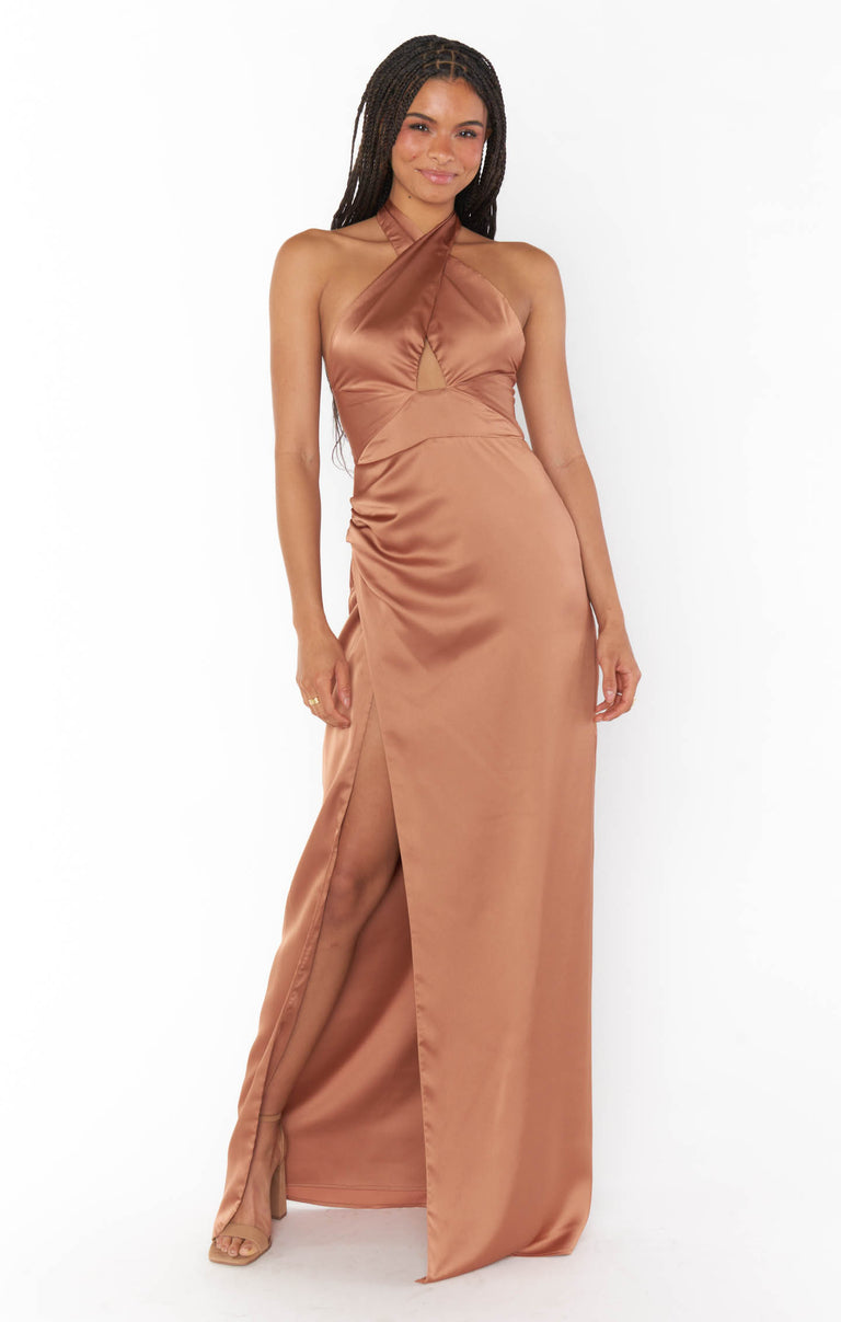 Adele Halter Maxi Dress, in Copper Luxe Satin, Size: Small | Show Me Your Mumu | Bridesmaid Dresses & Wedding Attendee Dress Adele Halter Maxi Dress, in Copper Luxe Satin, Size: Small | Show Me Your Mumu | Bridesmaid Dresses & Wedding Attendee Dress