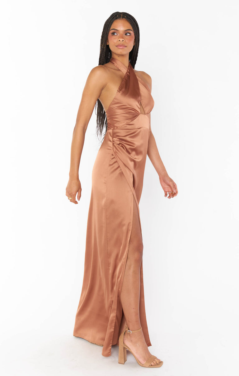 Adele Halter Maxi Dress, in Copper Luxe Satin, Size: Small | Show Me Your Mumu