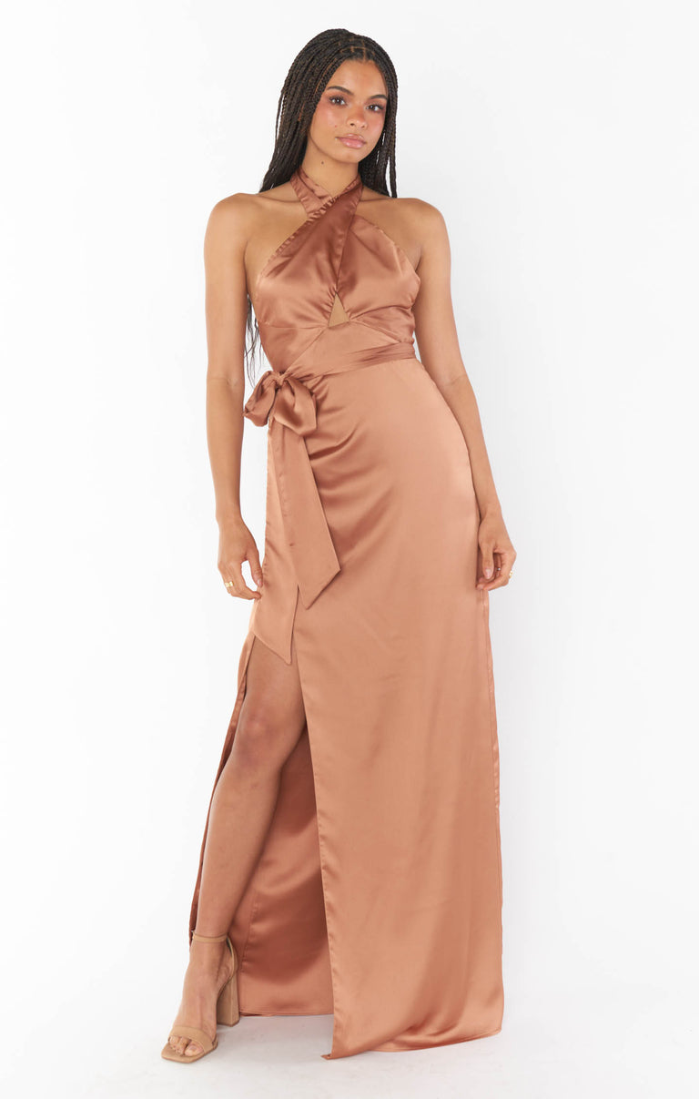 Adele Halter Maxi Dress, in Copper Luxe Satin, Size: Small | Show Me Your Mumu | Bridesmaid Dresses & Wedding Attendee Dress Adele Halter Maxi Dress, in Copper Luxe Satin, Size: Small | Show Me Your Mumu | Bridesmaid Dresses & Wedding Attendee Dress