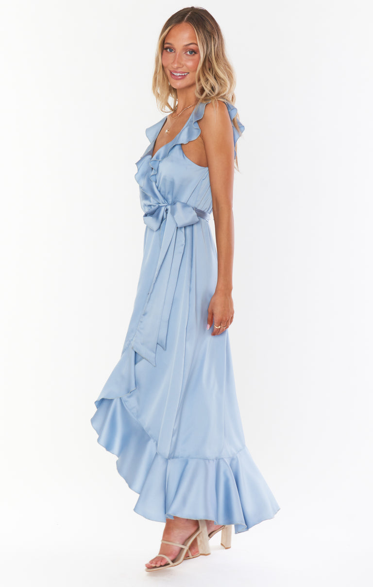 Samantha Ruffle Wrap Dress ~ Steel Blue Luxe Satin Show Me Your Mumu Samantha Ruffle Wrap Dress ~ Steel Blue Luxe Satin Show Me Your Mumu