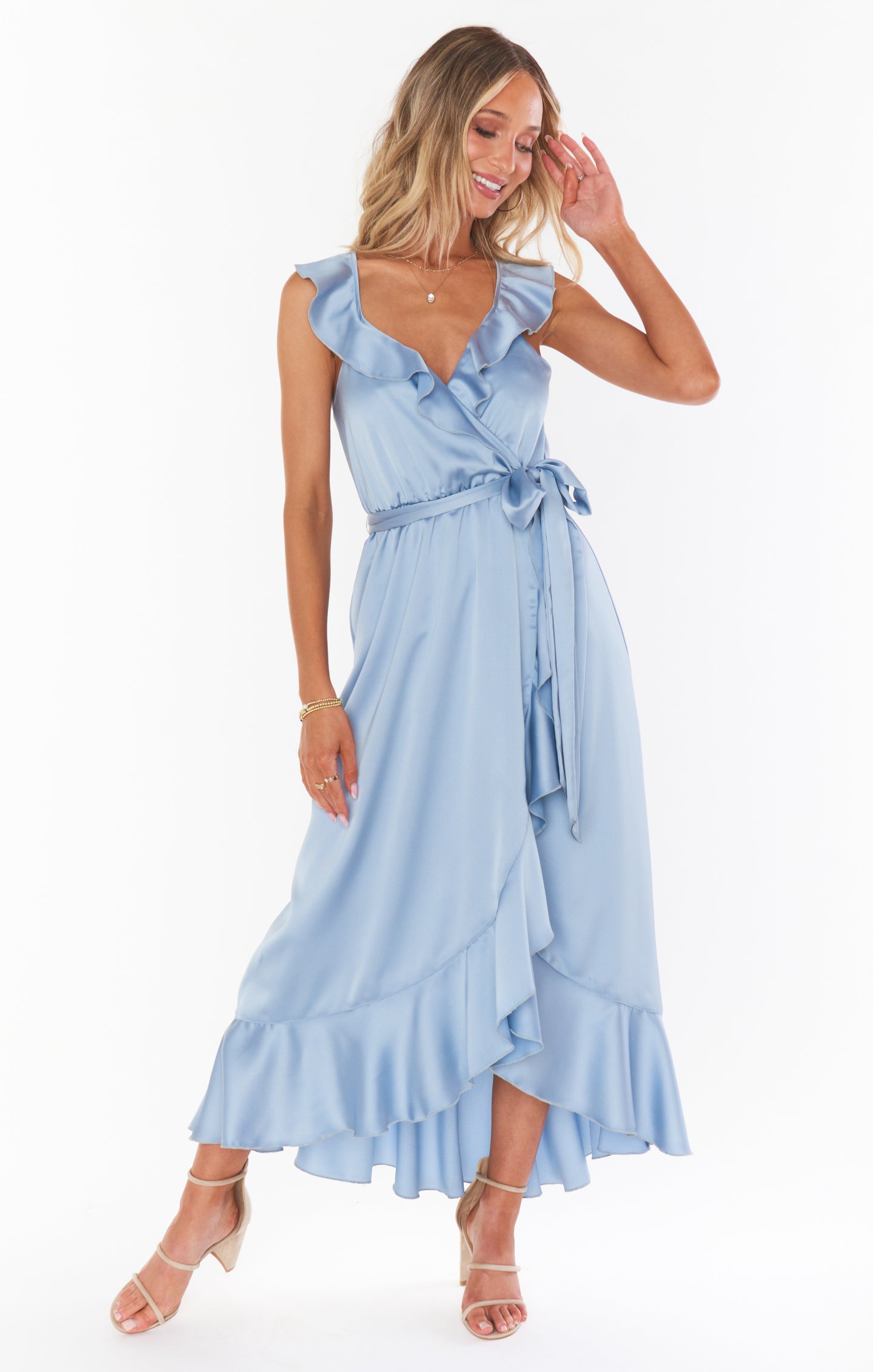 Samantha Ruffle Wrap Dress ~ Steel Blue Luxe Satin  Show Me Your Mumu