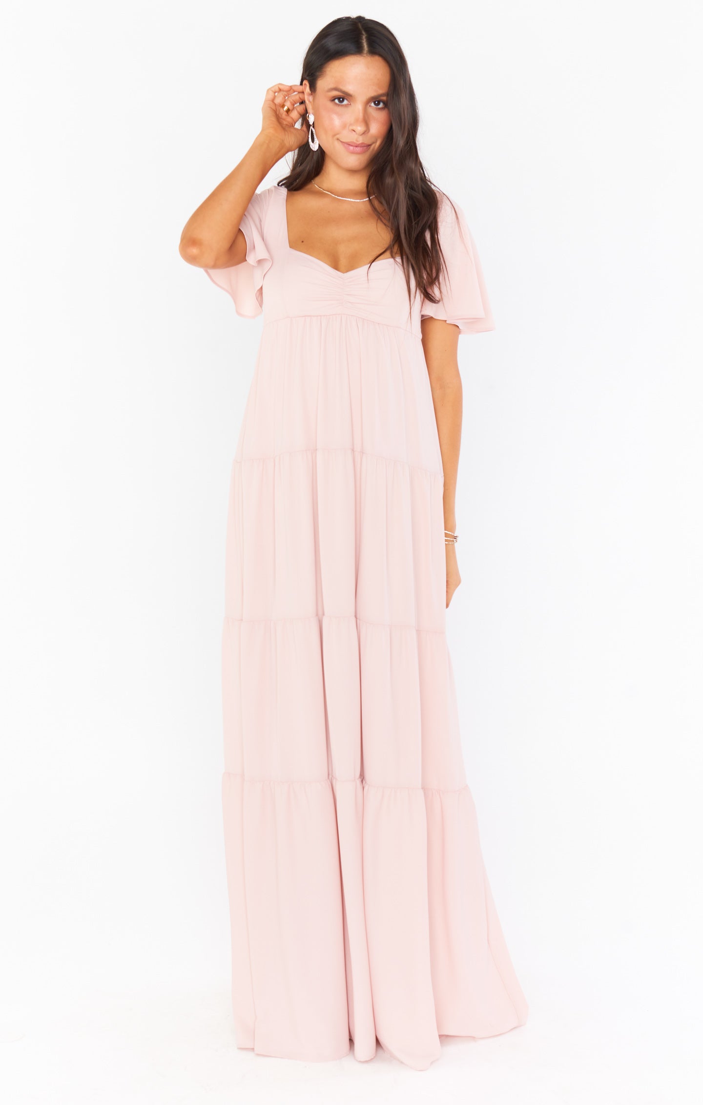 Show Me outlet Your Mumu Paris Dusty Blush Square Neck Stretch Gown Maxi Dress Size M