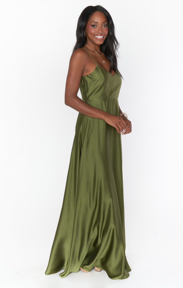 bridesmaid dresses army green Sexy Bridesmaid Dresses Off The Shoulder Satin Split – Lisposa