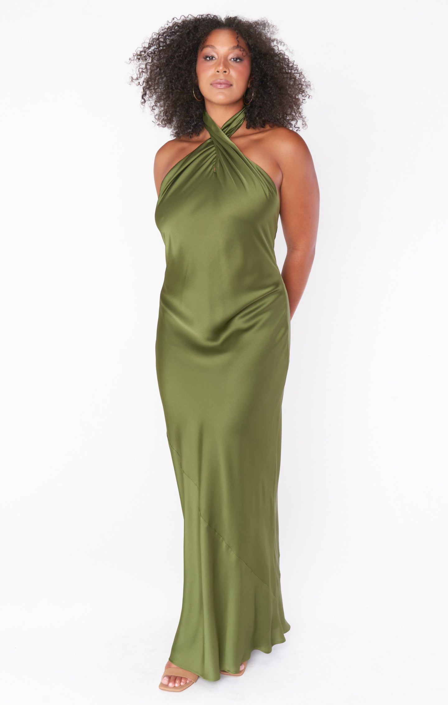 Jasmine Halter Maxi Dress ~ Rich Olive Luxe Satin