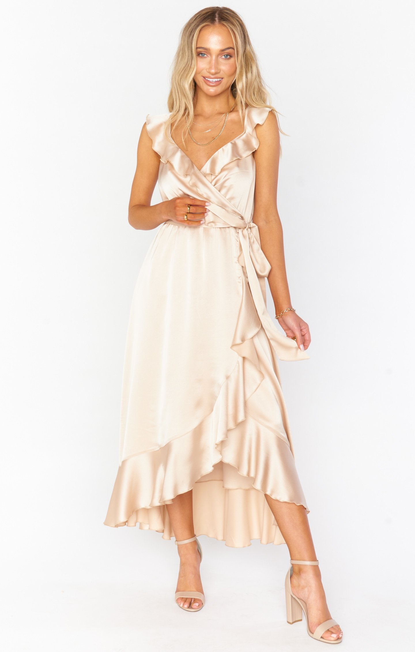 Samantha Ruffle Wrap Dress, in Champagne Luxe Satin | Show Me Your Mumu | Bridesmaid Dresses & Wedding Attendee Dress Samantha Ruffle Wrap Dress, in Champagne Luxe Satin | Show Me Your Mumu | Bridesmaid Dresses & Wedding Attendee Dress