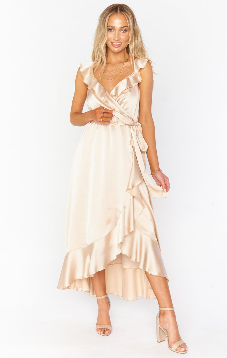 Samantha Ruffle Wrap Dress, in Champagne Luxe Satin | Show Me Your Mumu