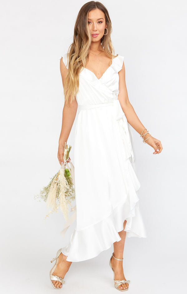 Samantha Ruffle Wrap Dress ~ Ivory Luxe Satin – Show Me Your Mumu Samantha Ruffle Wrap Dress ~ Ivory Luxe Satin – Show Me Your Mumu