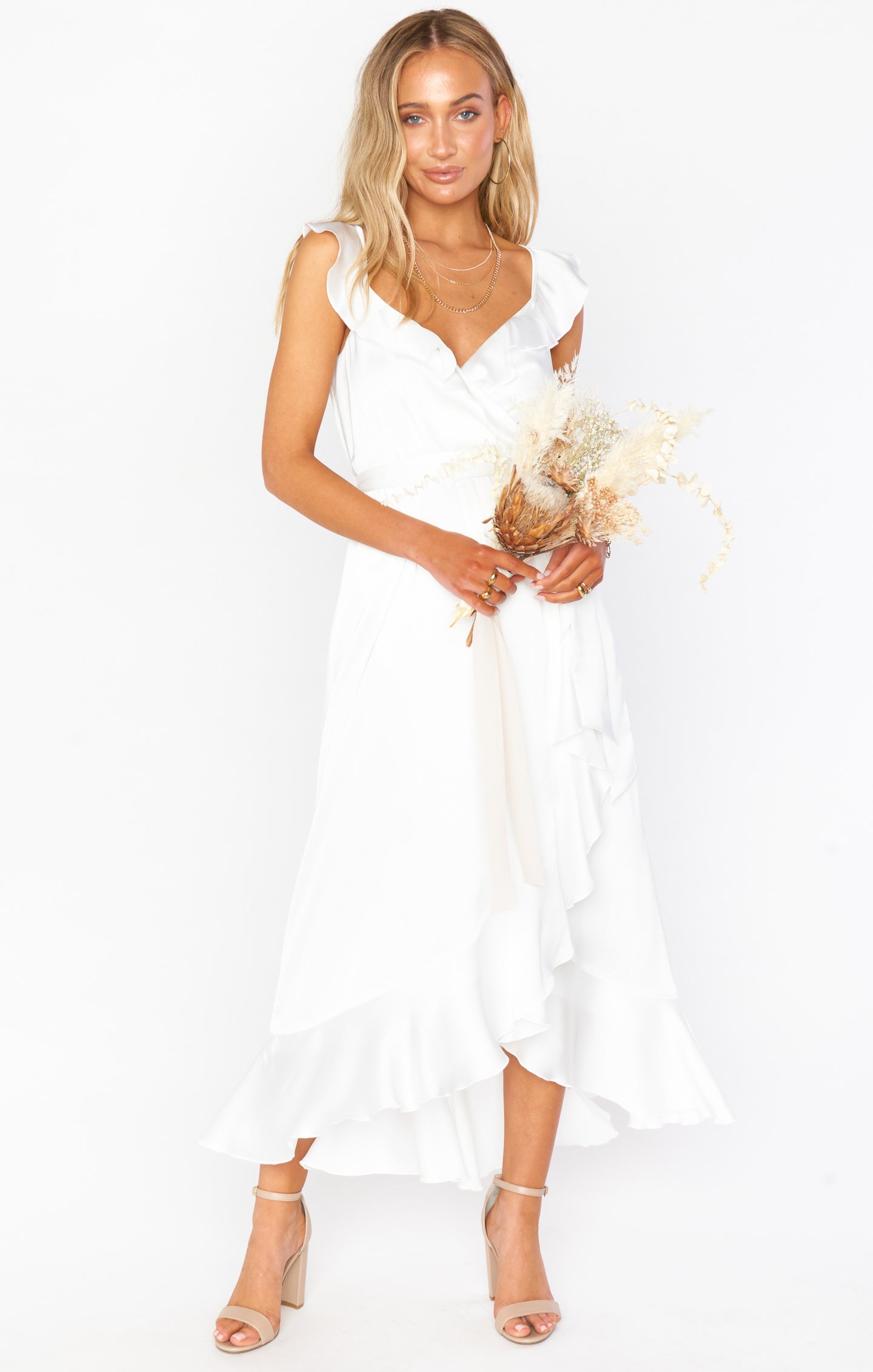 Samantha Ruffle Wrap Dress ~ Ivory Luxe Satin