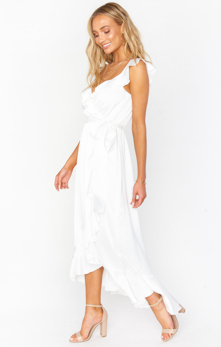 Show Me Your Mumu Samantha Ruffle Satin High/Low Faux Wrap Dress
