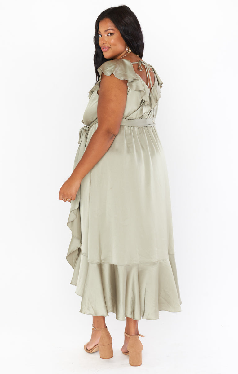 Samantha Ruffle Wrap Dress ~ Moss Green Luxe Satin XS
