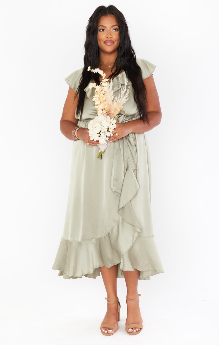 Samantha Ruffle Wrap Dress ~ Moss Green Luxe Satin XS Samantha Ruffle Wrap Dress ~ Moss Green Luxe Satin XS