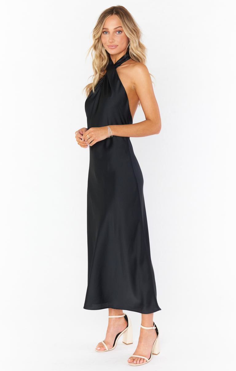 Jasmine Halter Midi Dress ~ Black Luxe Satin Jasmine Halter Midi Dress ~ Black Luxe Satin