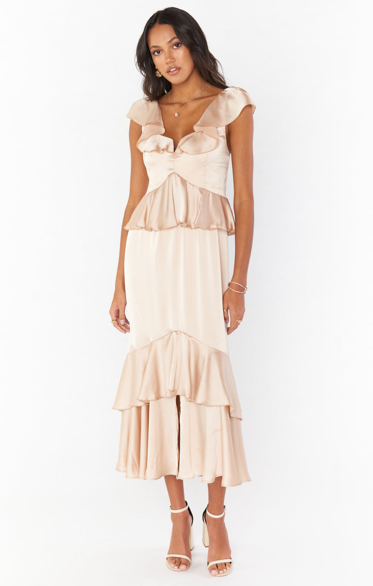 white christmas dresses Harper Maxi Dress, in Champagne Luxe Satin | Show Me Your Mumu main image 0