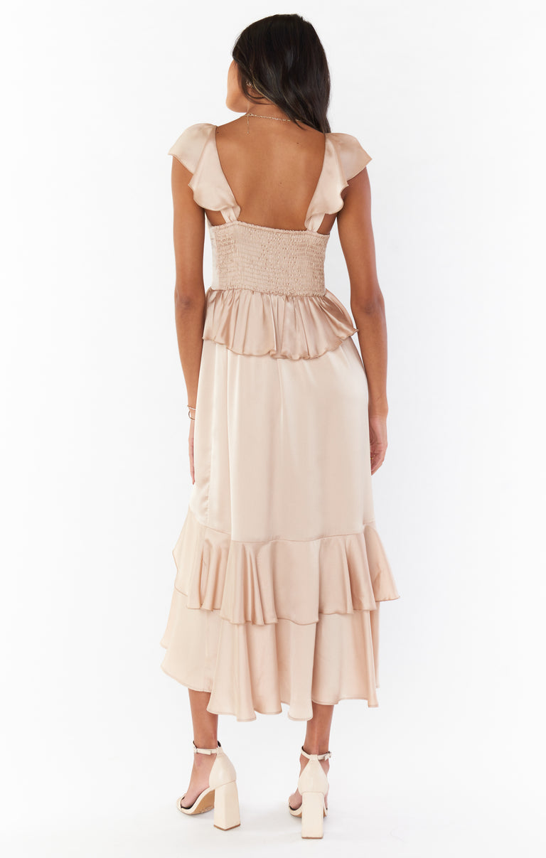 Reese Ruffle Dress ~ Champagne Luxe Satin Show Me Your Mumu Reese Ruffle Dress ~ Champagne Luxe Satin Show Me Your Mumu