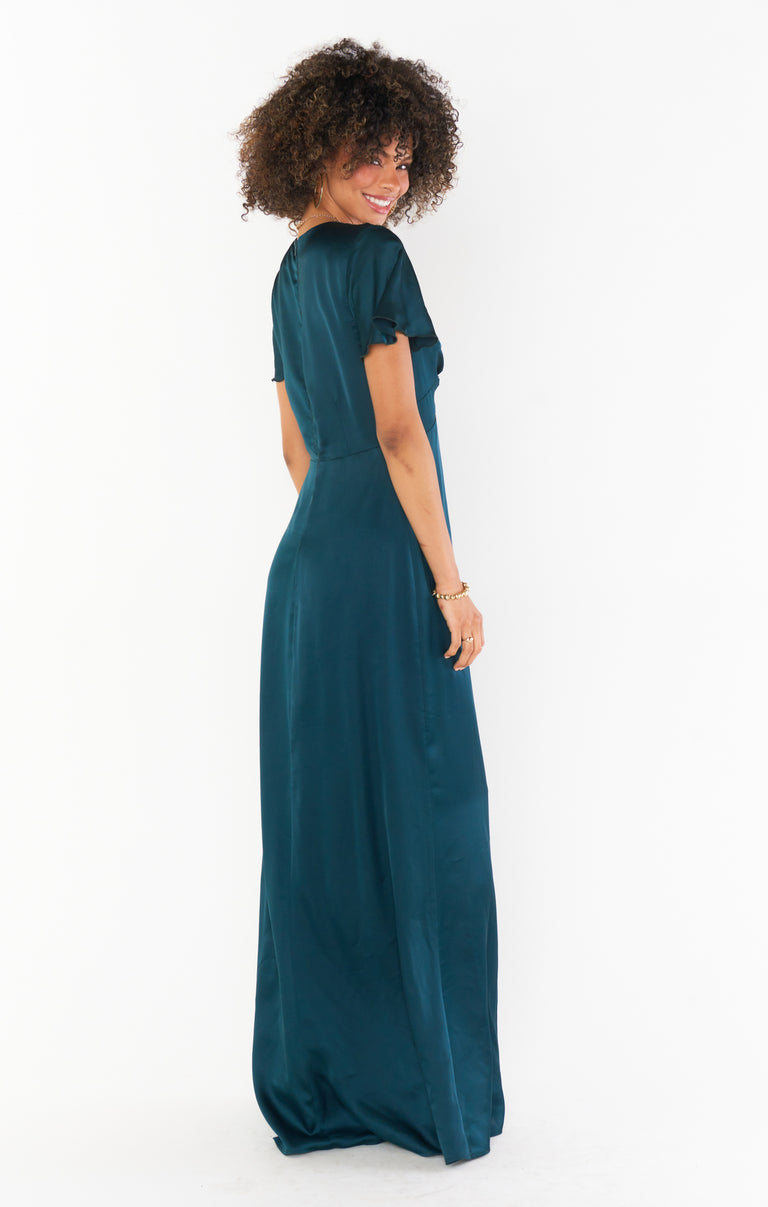 Rome Twist Gown, in Deep Emerald Luxe Satin | Show Me Your Mumu | Bridesmaid Dresses & Wedding Attendee Dress