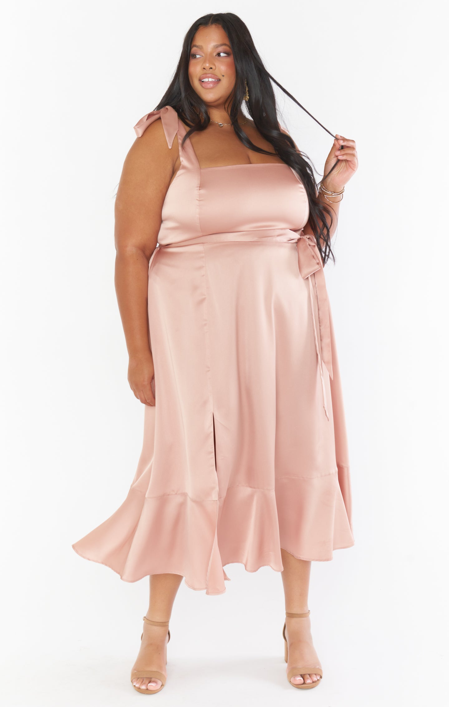 Show Me Your Mumu Claire Midi Dress Rose Gold top Luxe Satin M