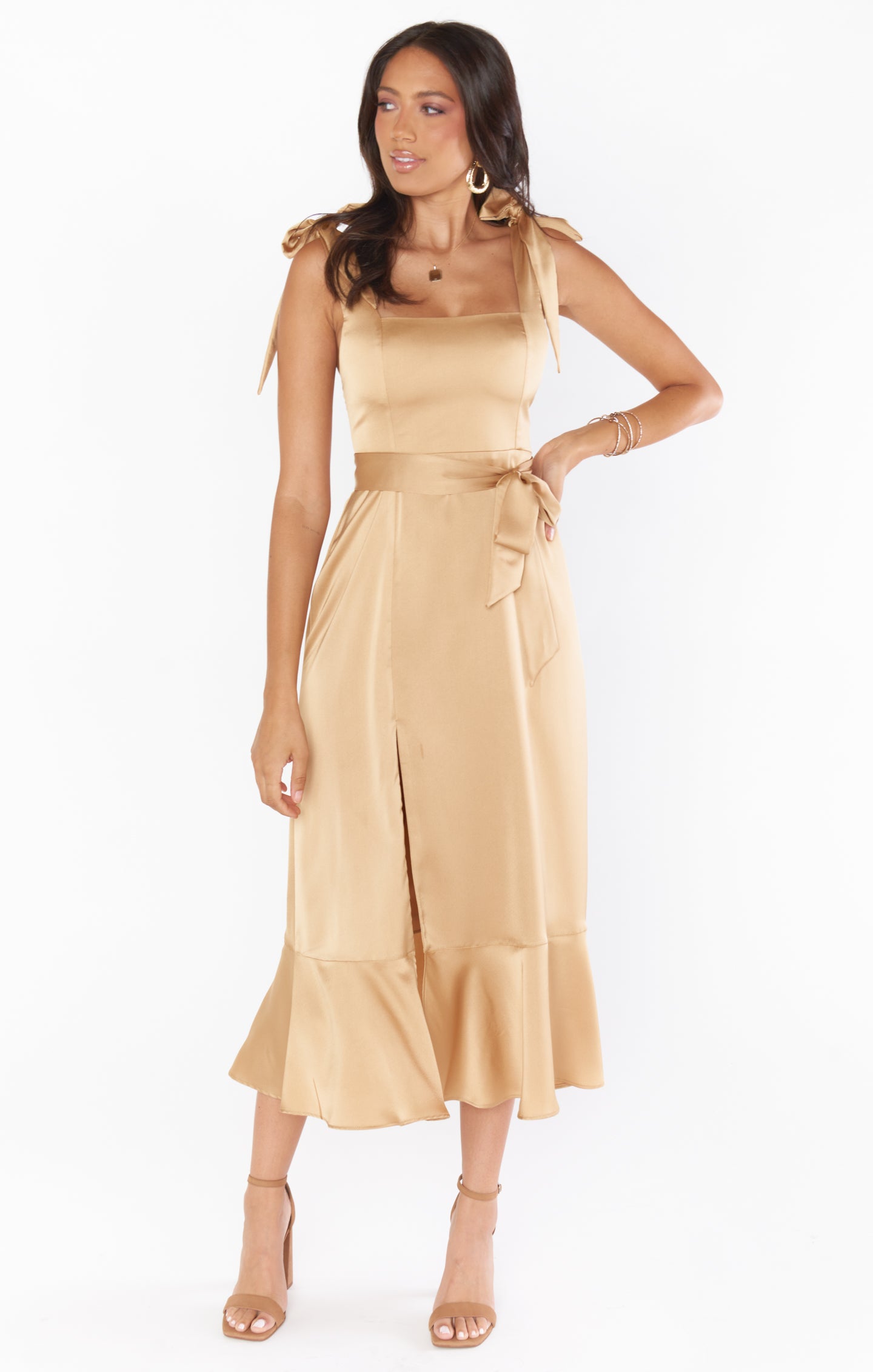 Claire Midi Dress ~ True Gold Luxe Satin