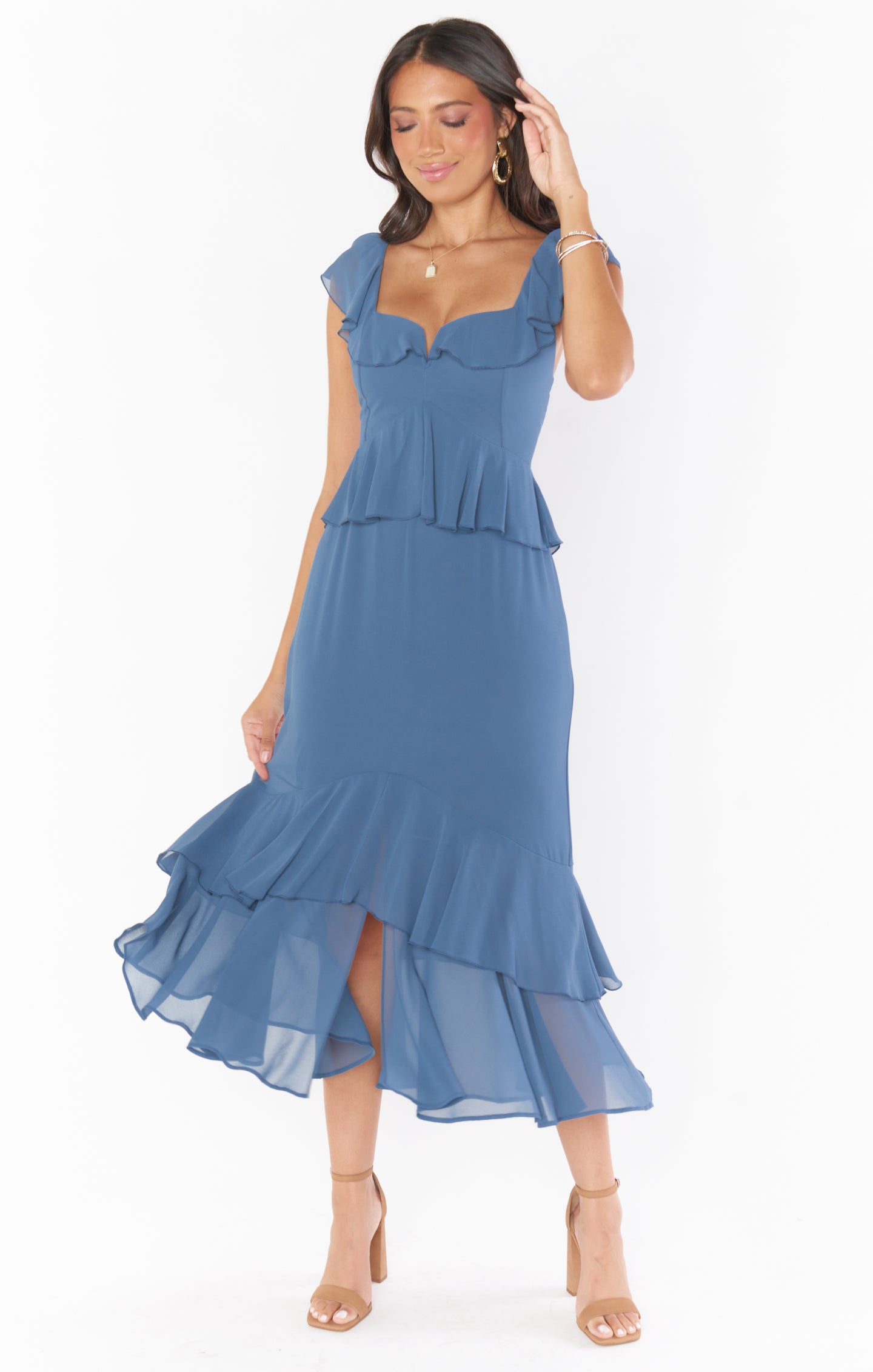 Reese Ruffle Dress ~ Slate Blue Chiffon – Show Me Your Mumu