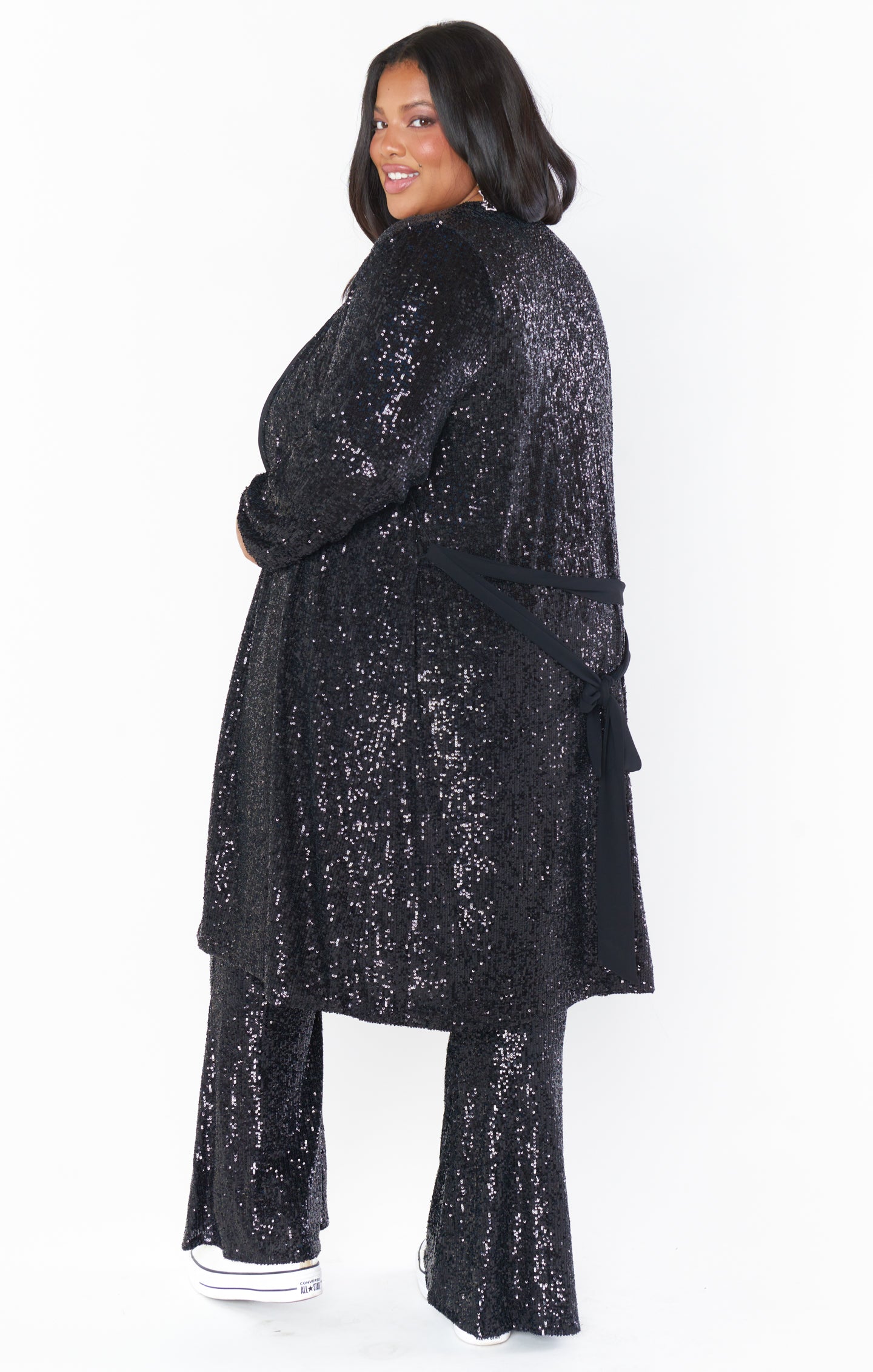 VICI - EDITOR'S PICK // SEQUIN OBSESSED // MUST HAVE Luminosity Sequin  Duster - Champagne $68 Also Available in Black Sizes S – L SHOP NOW //    Styled with the Aleah
