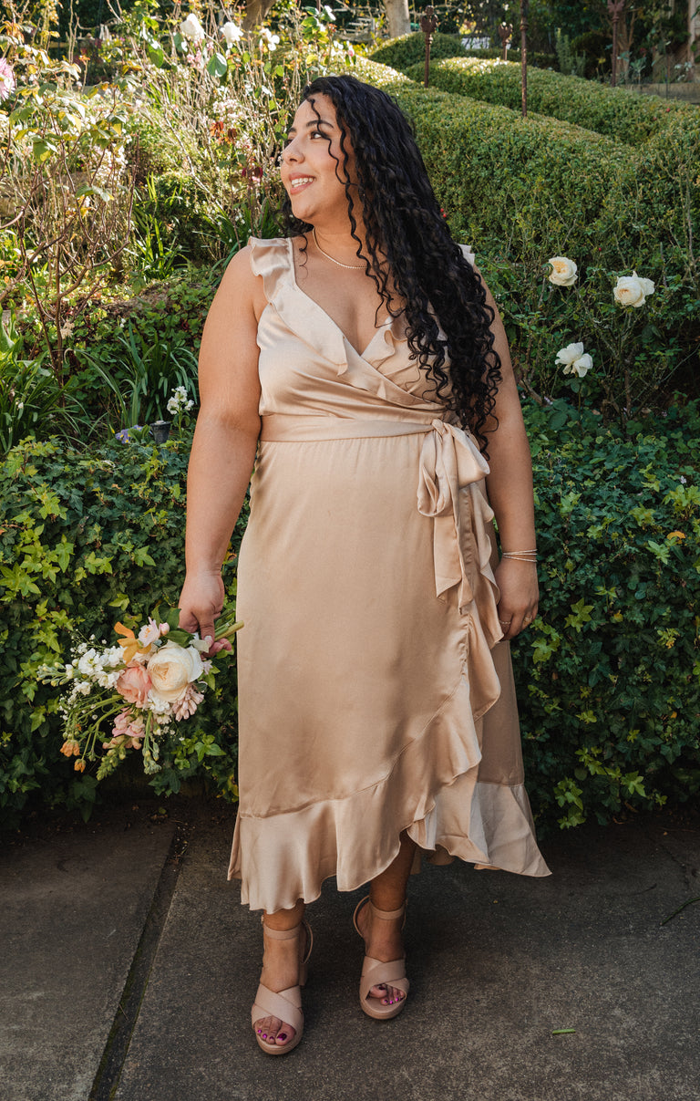 Samantha Ruffle Wrap Dress, in Champagne Luxe Satin | Show Me Your Mumu | Bridesmaid Dresses & Wedding Attendee Dress Samantha Ruffle Wrap Dress, in Champagne Luxe Satin | Show Me Your Mumu | Bridesmaid Dresses & Wedding Attendee Dress