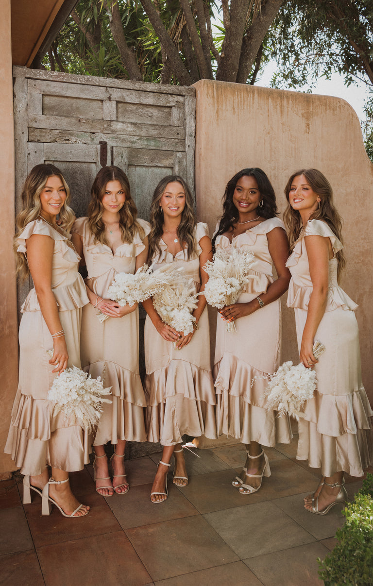 Reese Ruffle Dress ~ Champagne Luxe Satin – Show Me Your Mumu