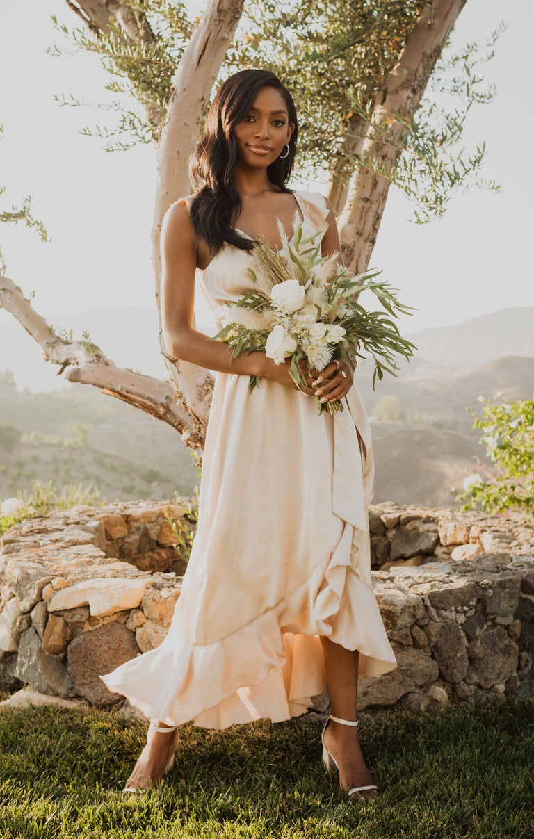 Samantha Ruffle Wrap Dress, in Champagne Luxe Satin | Show Me Your Mumu | Bridesmaid Dresses & Wedding Attendee Dress Samantha Ruffle Wrap Dress, in Champagne Luxe Satin | Show Me Your Mumu | Bridesmaid Dresses & Wedding Attendee Dress