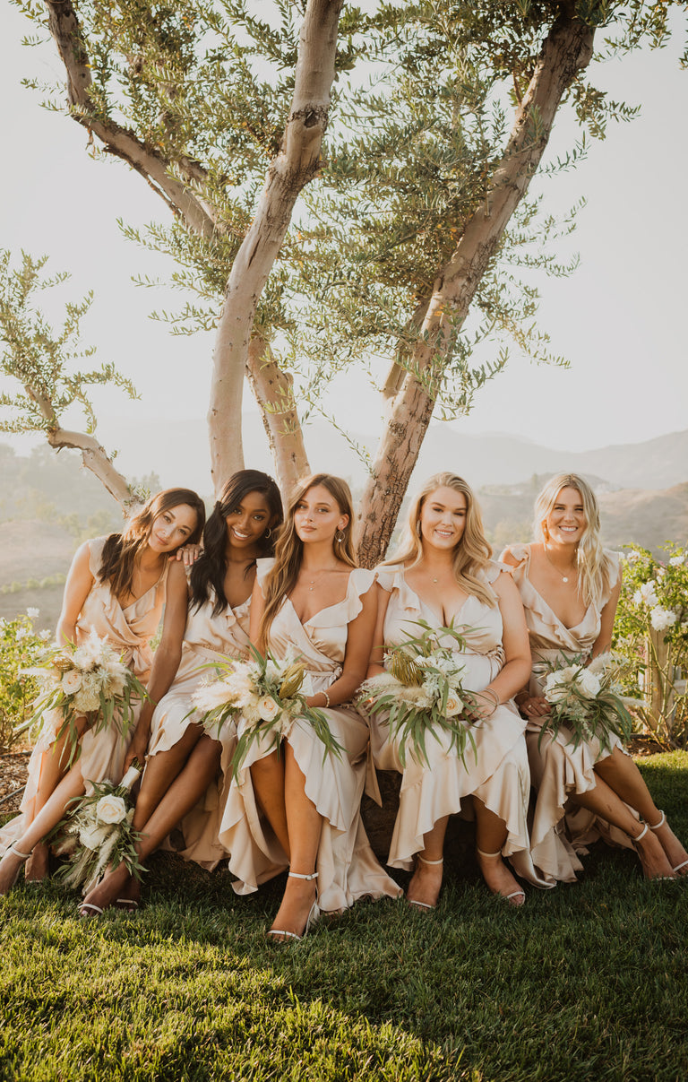 Samantha Ruffle Wrap Dress, in Champagne Luxe Satin | Show Me Your Mumu | Bridesmaid Dresses & Wedding Attendee Dress Samantha Ruffle Wrap Dress, in Champagne Luxe Satin | Show Me Your Mumu | Bridesmaid Dresses & Wedding Attendee Dress