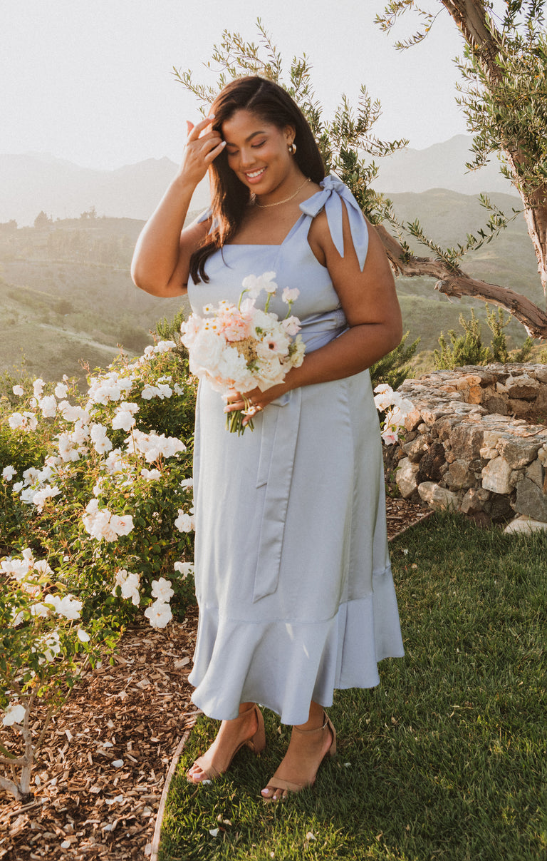 Claire Midi Dress ~ Steel Blue Luxe Satin – Show Me Your Mumu