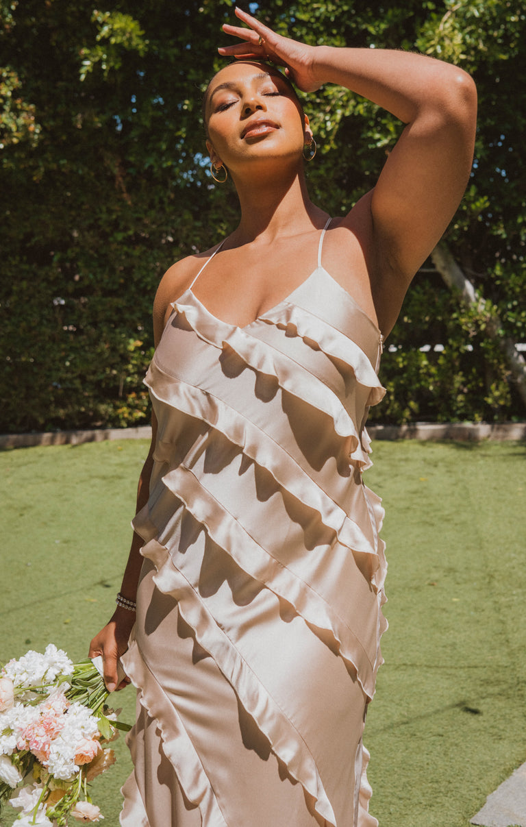 Romance Ruffle Dress, in Champagne Luxe Satin, Size: Xs | Show Me Your Mumu