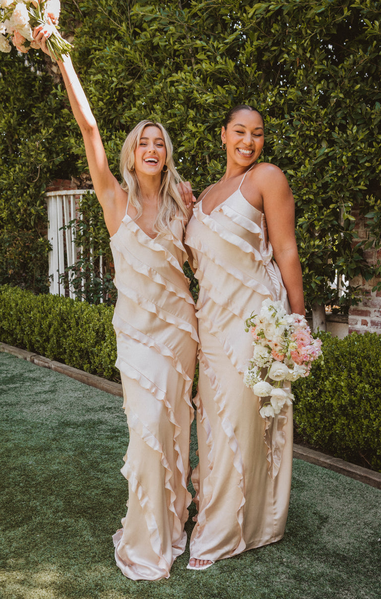 Romance Ruffle Dress, in Champagne Luxe Satin, Size: XS | Show Me Your Mumu | Bridesmaid Dresses Romance Ruffle Dress, in Champagne Luxe Satin, Size: XS | Show Me Your Mumu | Bridesmaid Dresses