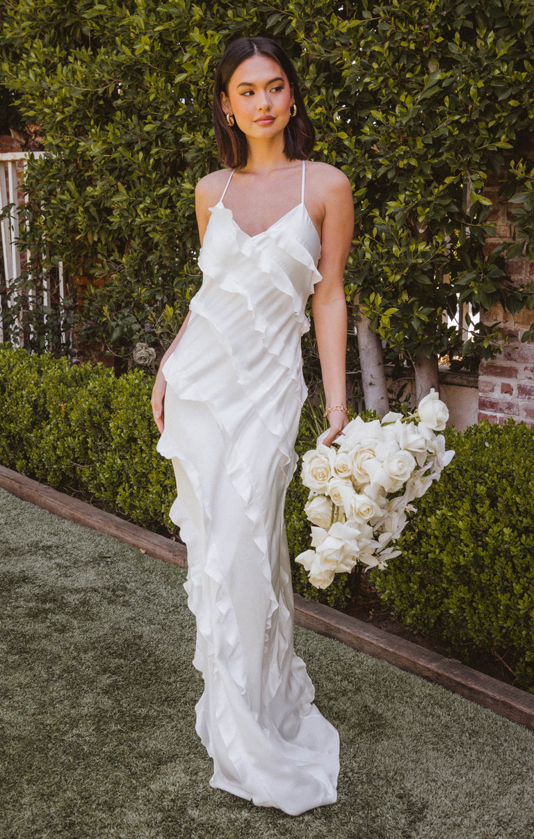 Romance Ruffle Dress, in Ivory Luxe Satin, Size: XS | Show Me Your Mumu