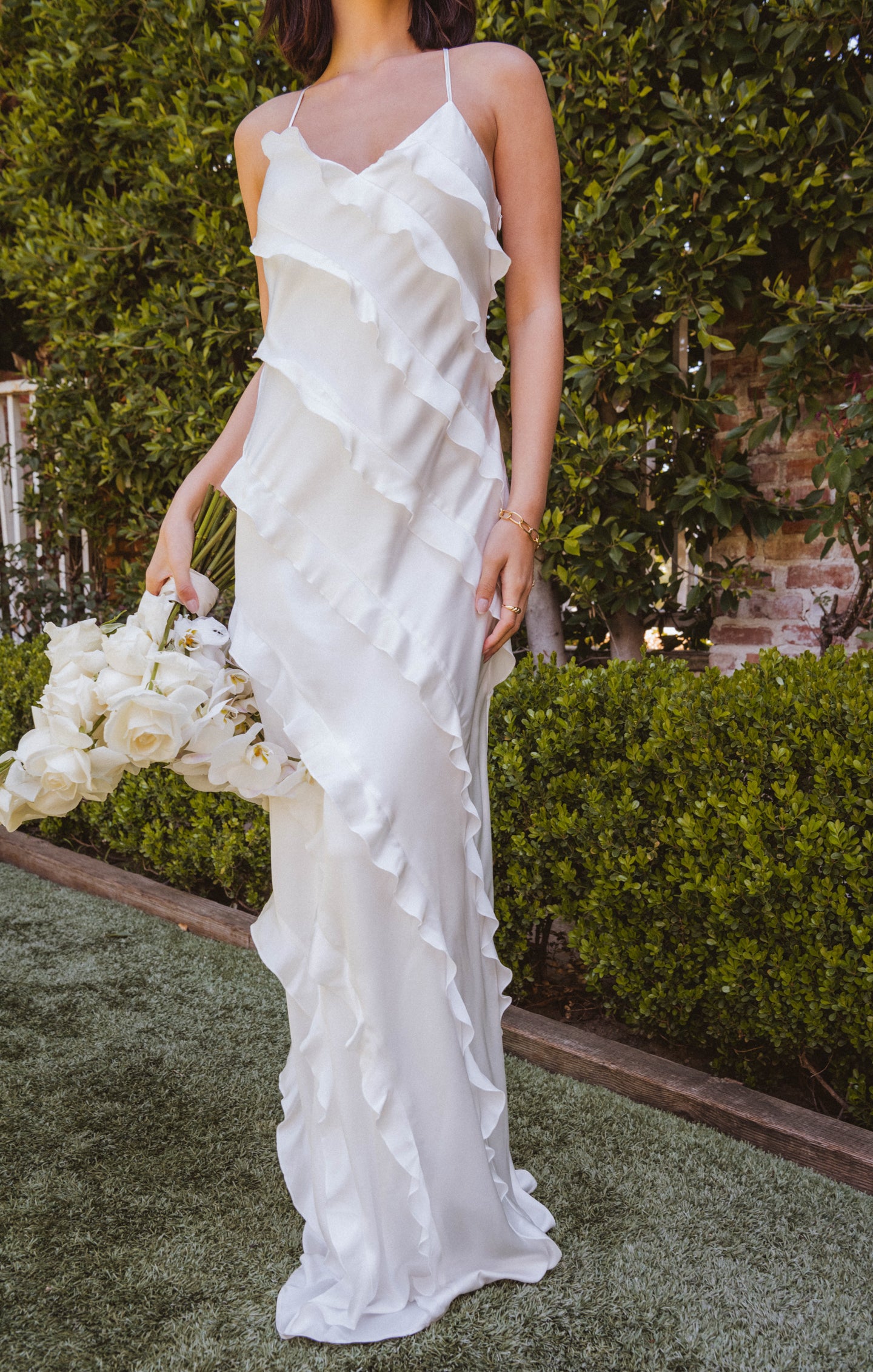 white satin ruffle dress Lyna White Satin Ruffled Mini Dress with Shawl Panel Detail