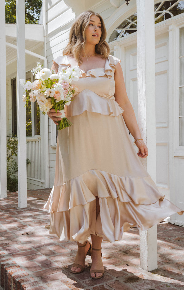 Reese Ruffle Dress ~ Champagne Luxe Satin – Show Me Your Mumu Reese Ruffle Dress ~ Champagne Luxe Satin – Show Me Your Mumu