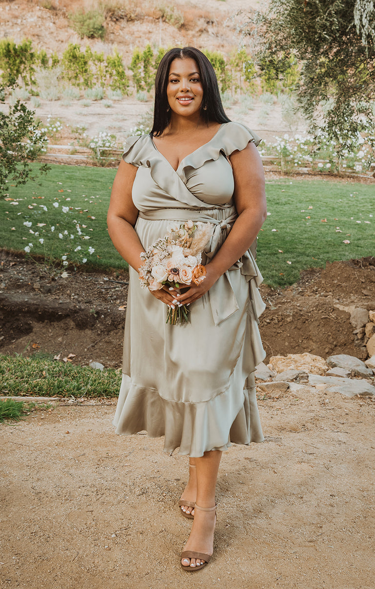 Samantha Ruffle Wrap Dress ~ Moss Green Luxe Satin – Show Me Your Mumu