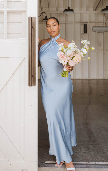 Jasmine Halter Maxi Dress ~ Steel Blue Luxe Satin XS Jasmine Halter Maxi Dress ~ Steel Blue Luxe Satin XS