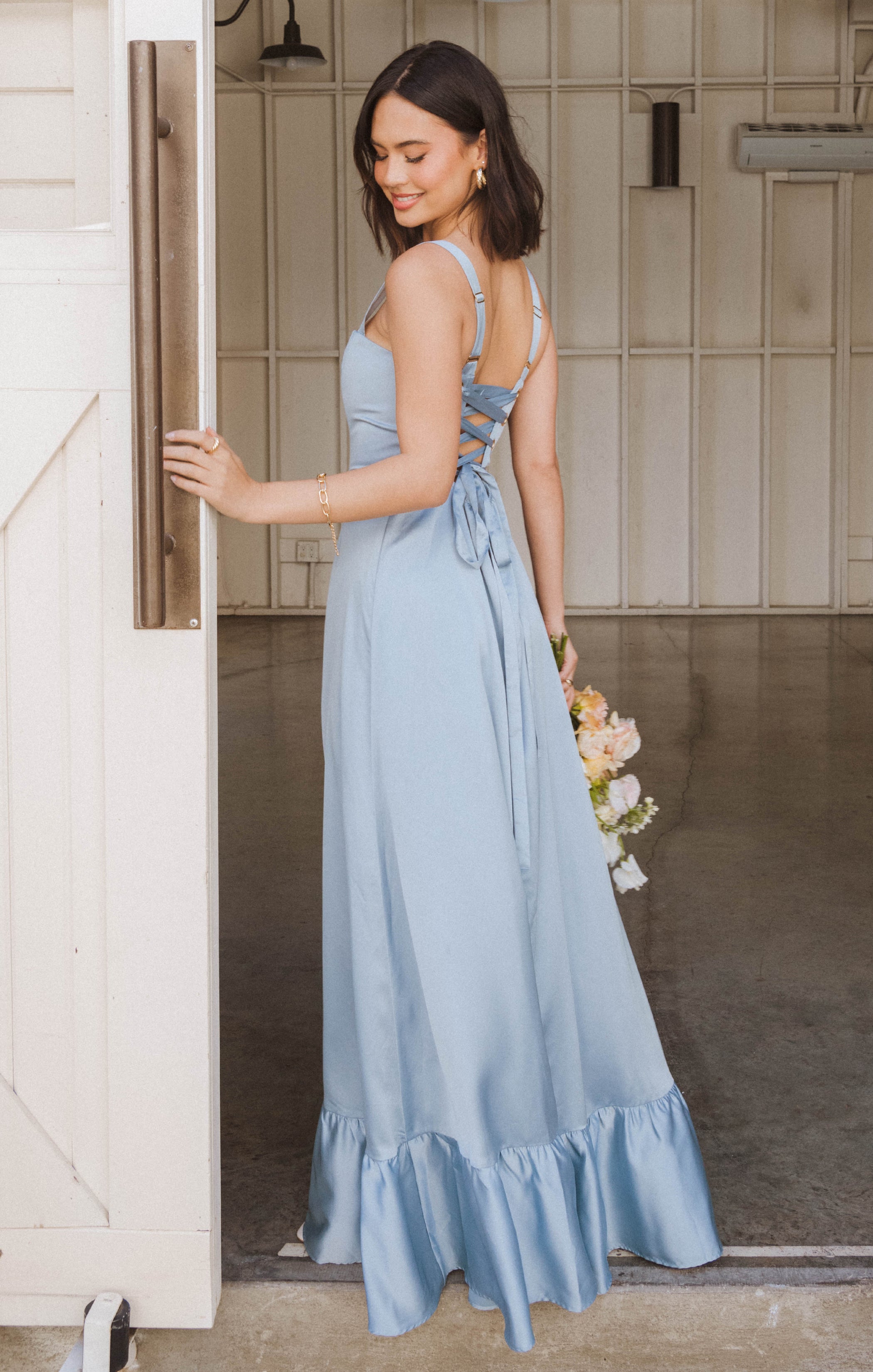 Clarissa Corset Dress, in Steel Blue Luxe Satin, Size: Medium | Show Me Your Mumu